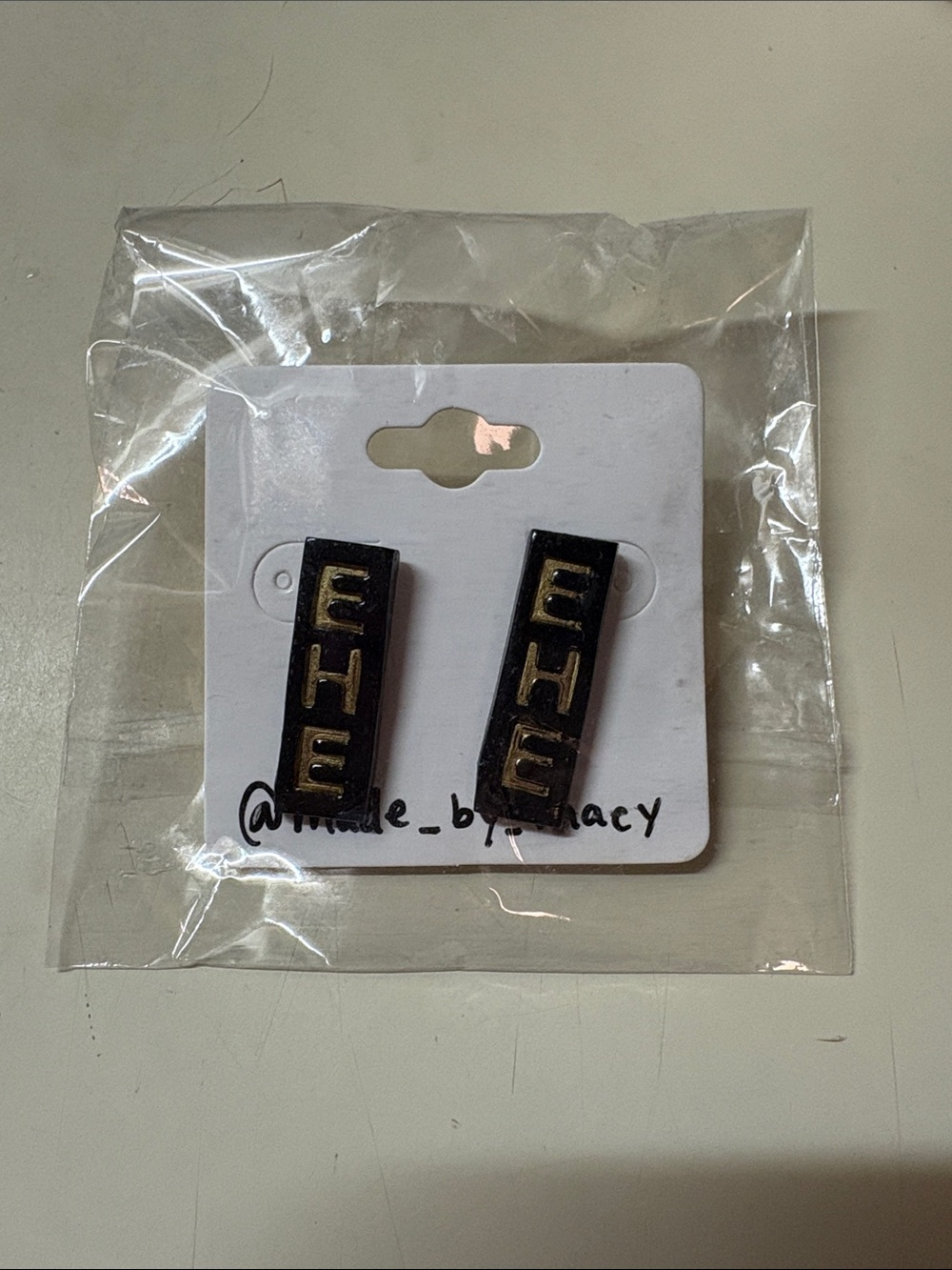 EHE Initial Gold Letter Accent Black Bar Earrings - Handmade with Polymer Clay